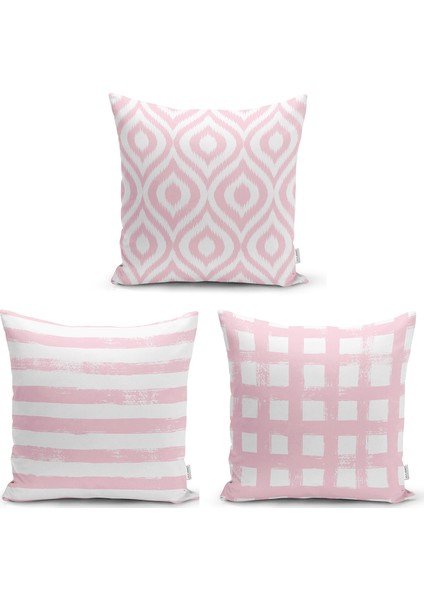 Real Homes Özel Tasarım Pembe Ikat Desen Motifli Dijital Baskılı 3'lü Modern Kırlent Kılıf Seti