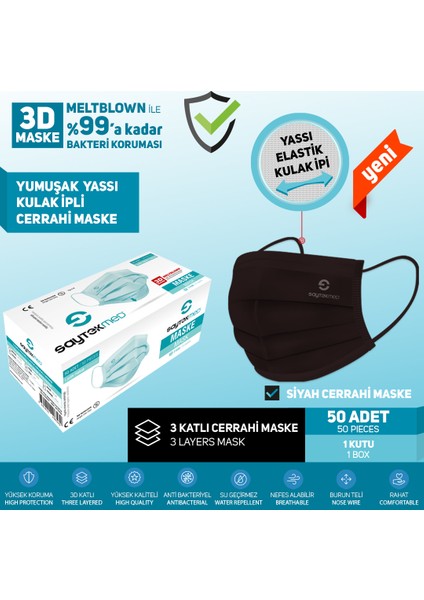 Meltblown Filtreli Yassı Kulak Ipli 3 Katlı Siyah Maske (3 Kutu/ 150 Adet) fiyatları