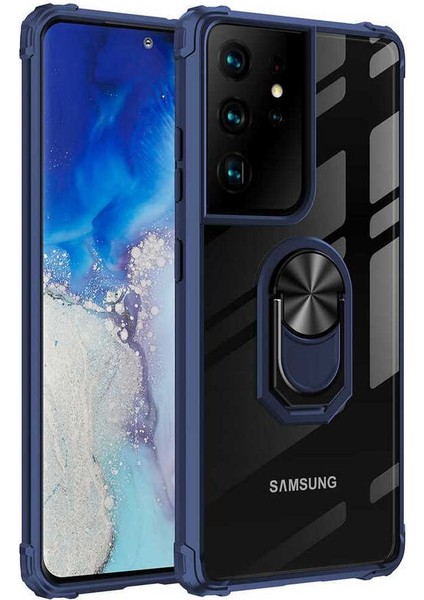 Samsung Galaxy S21 Ultra Uyumlu Kılıf Armor Serisi Manyetik Yüzüklü Renkli Köşe Korumalı Şeffaf Silikon Mola Lacivert