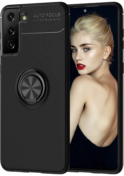 Case 4U Samsung Galaxy S21 Plus Uyumlu Kılıf Autofocus Shockprof Ravel Yüzüklü Standlı Slikon Kapak Siyah