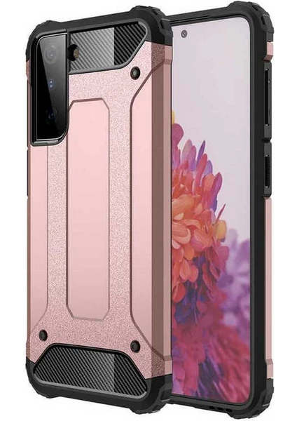 Case 4U Galaxy S21 Uyumlu Kılıf Military Armor Çift Katmanlı Crash Silikon Kılıf Rose Gold