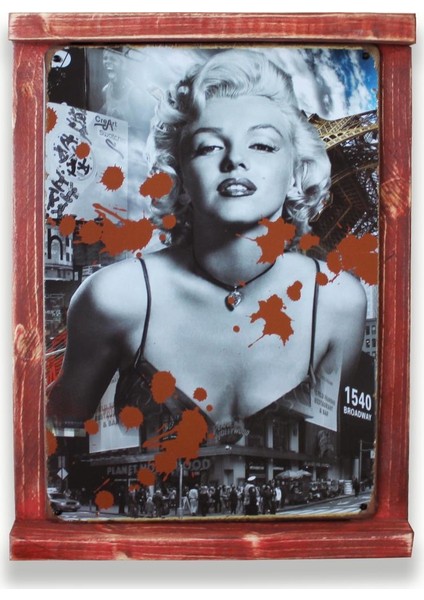 Rustik Ahşap Çerçeveli Vintage Metal Pano M. Monroe Red 20X30