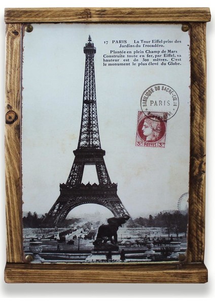 Rustik Ahşap Çerçeveli Vintage Metal Pano Paris Mail 20X30