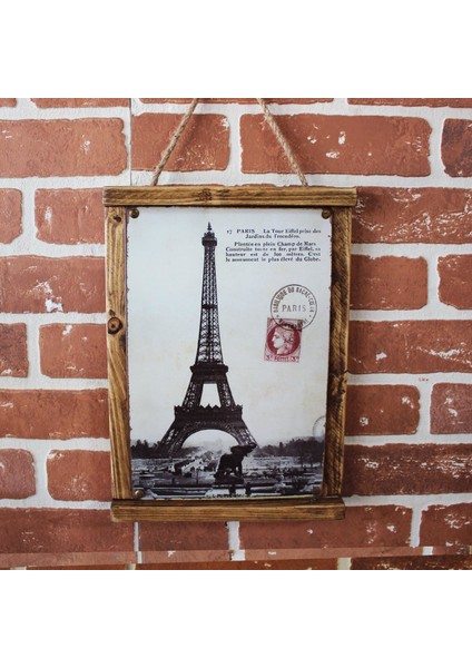 Rustik Ahşap Çerçeveli Vintage Metal Pano Paris Mail 20X30