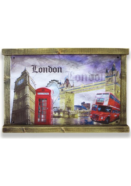 Rustik Ahşap Çerçeveli Vintage Metal Pano London 20X30