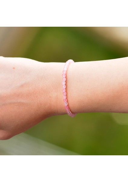 Pembe Kuvars Taşı Gümüş Bileklik - 4 mm