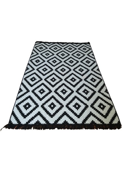 Çift Taraflı Kilim Yolluk - Siyah Beyaz Piramit Desen