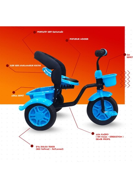 RV503 Volt 3 Tekerli Çocuk Bisikleti Eva Dolgu, Patlamaz Ses Yapmaz