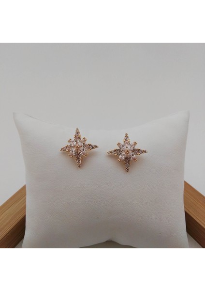 Zirkon Taşlı Star Çiçekli Pirinç Küpe - Gold
