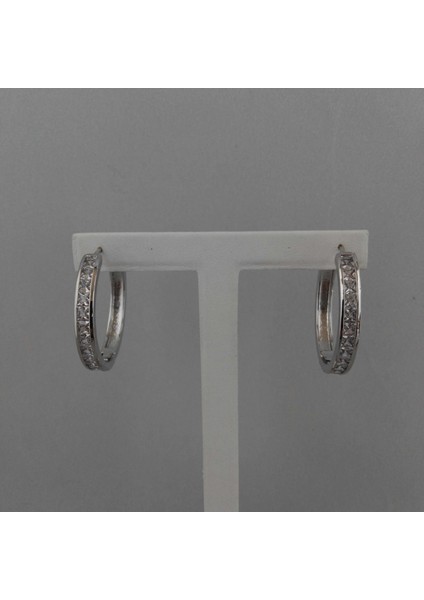 Zirkon Taşlı Pirinç Halka Küpe - Rodyum