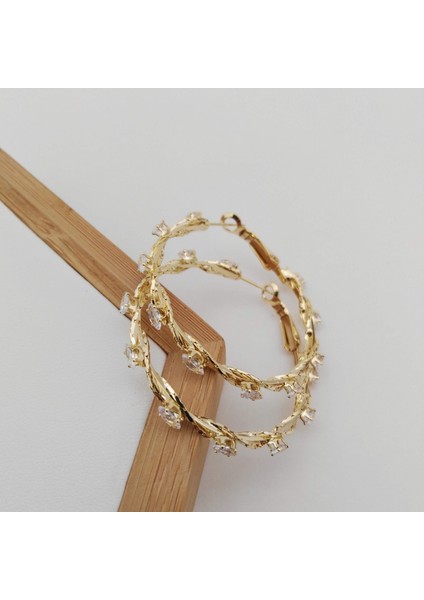 Zirkon Taşlı Pirinç Halka Küpe - Gold