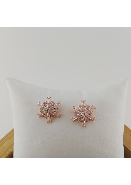 Zirkon Taşlı Pirinç Küpe Kar Tanesi - Rose