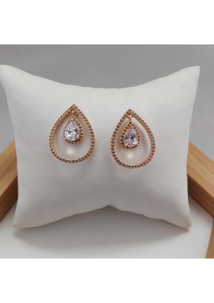 Zirkon Taşlı Pirinç Küpe Damla Model - Gold