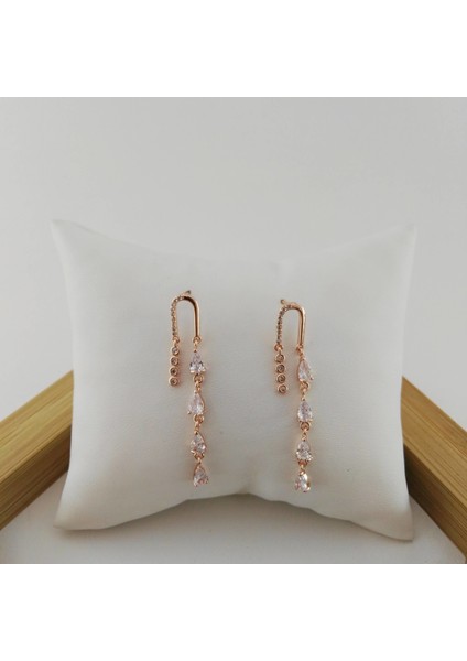 Zirkon Taşlı Pirinç Küpe - Rose