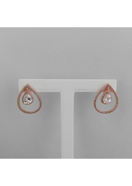 Zirkon Taşlı Pirinç Küpe Damla Model - Rose