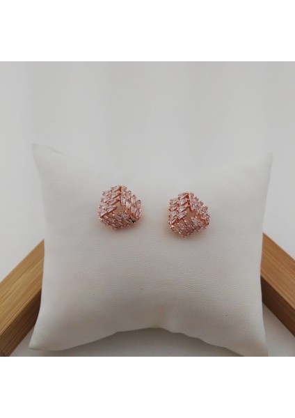 Zirkon Taşlı Küp Pirinç Küpe - Rose