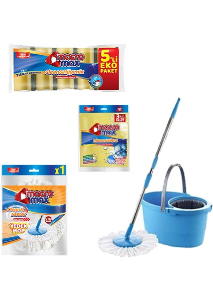 Temizlik Seti (Clean Faster Temizlik Seti + Macromax Temizlik Bezi 3'lü + Macromax Klasik Yeşil Oluklu Sünger 5'li + Yedek Mop )