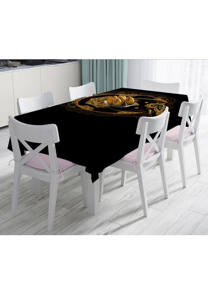 Siyah Zeminde Gold Hilal Içerisinde Üçüncü Göz Motifli Dijital Baskılı Masa Örtüsü - 120X140CM