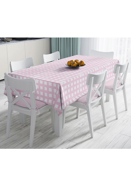 Pembe Zeminde Geometrik Kare Motifli Dijital Baskılı Masa Örtüsü - 120X140CM