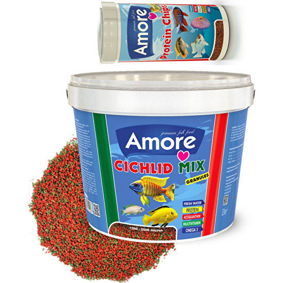 Amore Cichlid Mix 3 kg Kova + Amore Protein Pro Chips 250ML Kutu Akvaryum Balık Yemi
