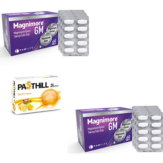 Tab İlaç Magnimore Gm 60 Tablet x 2 Adet + Pasthill 1 Adet Bal & Limon 24 Drops