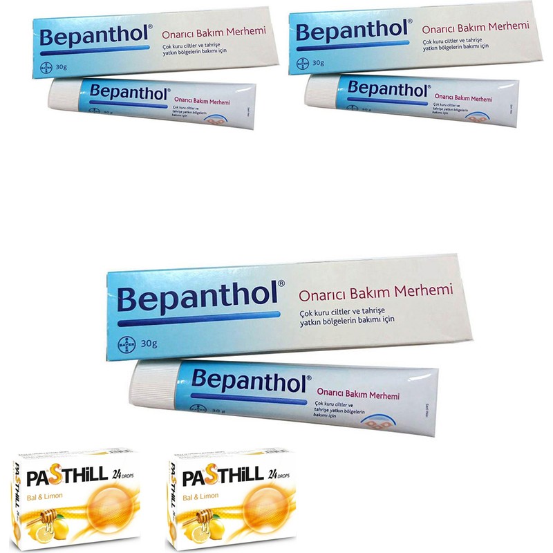 Bepanthol Onarıcı Bakım Merhemi 30 gr x 3 Adet + Pasthill 2 Adet Bal & Limon 24 Drops