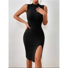 Bracha Sıfır Kol Yırtmaçlı Model Fitilli Triko Elbise