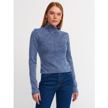 Dilvin 10506 Soluk Efektli Yarım Balkçı Yaka Agraflı Kazak-Indigo