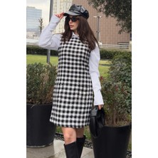 New Laviva Kadın Siyah Çift Cepli Kare Yaka Kalın Askılı Sıfır Kol Midi Boy Tüvit Elbise(Gömleksiz)