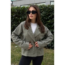 New Laviva Kadın Hakı  Kruvaze Yaka, Çift Düğme, Rahat Kalıp, Fitilli Kaşe Kumaş Ceket