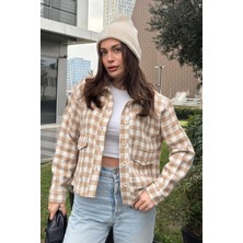 New Laviva Kadın Vizon Çift Cepli, Pötikare Desenli, Rahat Kalıp, Kısa Tüvit Ceket