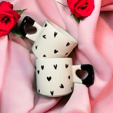 İki Seramik 2'li Siyah Minimalist Kalp Baskılı Seramik Kalp Kupa / Mug - Çay & Kahve Fincanı