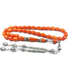 İskeçe Tesbih Gümüş Kaplama Püsküllü 925 Ayar Gümüş Nakkaş Imame Sıkma Kehribar Sertifikalı 3927