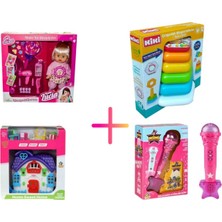 Limon Oyuncak Eğitici 4'lü Set (Konuşan Bebek Seti + Çıngıraklı Altıgen Halkalar + Pembe Mikrofon + Mini Ev)