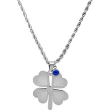 Tesbihname Silver Renk Burma Zincirli Nazar Boncuğu Detaylı Yonca Yaprağı Tasarım Çelik Kadın Kolye