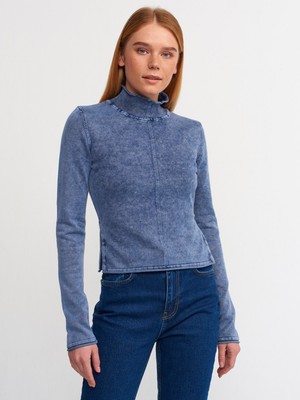 Dilvin 10506 Soluk Efektli Yarım Balkçı Yaka Agraflı Kazak-Indigo