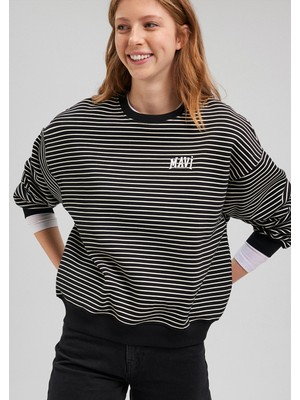 Mavi Logo Baskılı Çizgili Siyah Sweatshirt 1S10100-85143