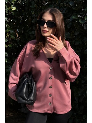 New Laviva Kadın Pudra Scuba Kumaş, Silver Dügme Detaylı, Salaş Ceket Bluz