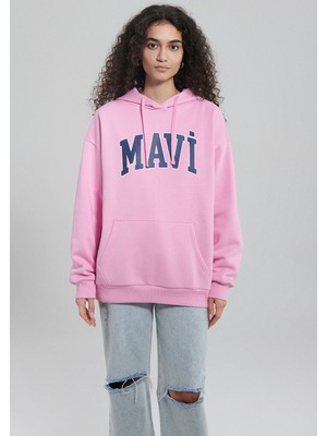 Mavi Logo Baskılı Kapüşonlu Pembe Sweatshirt