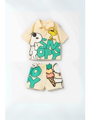 NSE  Bebek & Çocuk Snoopy Baskılı Pamuklu Polo Yaka T-Shirt ve Şort Alt Üst Takım