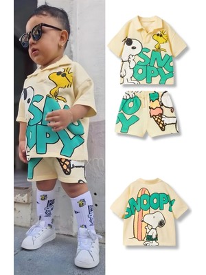 NSE  Bebek & Çocuk Snoopy Baskılı Pamuklu Polo Yaka T-Shirt ve Şort Alt Üst Takım