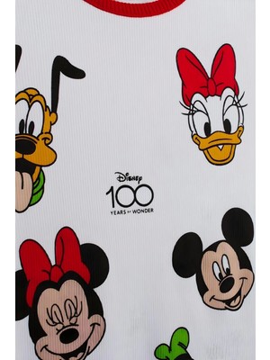 NSE Kız Çocuk Disney 100. Yıl Baskılı Pamuklu Bisiklet Yaka Fitilli Kumaş T-Shirt ve Tayt Alt Üst Takım