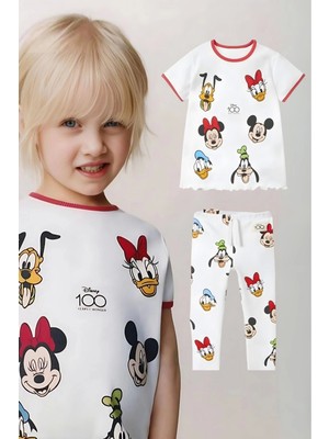 NSE Kız Çocuk Disney 100. Yıl Baskılı Pamuklu Bisiklet Yaka Fitilli Kumaş T-Shirt ve Tayt Alt Üst Takım