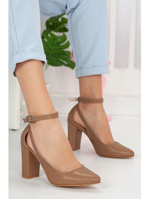 Albi Hadi Vizon Renk Cilt, Topuk Boyu 9 Cm, Bilekten Bağlama Kadın Topuklu AYAKKABI_34---43 Numara