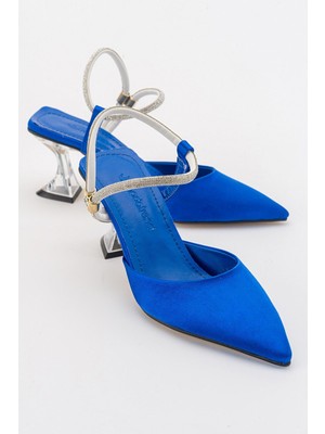 Ccway Taşlı Kadın Topuklu Sandalet Sax Mavi Saten