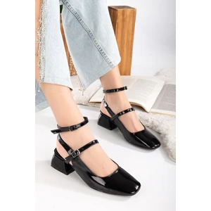 Kadın Mary Jane Siyah Rugan Arkası Açık Kare Burunlu Baretli Kısa Blok Topuklu Ayakkabı