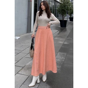 New Laviva Kadın Turuncu Yüksek Bel, Cepli, Kiloş Kesim, Uzun Kaşe Etek