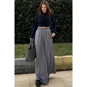 New Laviva Gri Beli Lastikli, Cepli, Ispanyol / Bol Paça Özel Kumaş, Rahat Kalıp Pantolon - Tesettüre Uygun