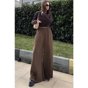 New Laviva Kahve Beli Lastikli, Cepli, Ispanyol / Bol Paça Özel Kumaş, Rahat Kalıp Pantolon - Tesettüre Uygun