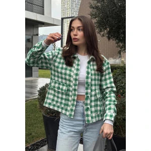 New Laviva Kadın Yeşil Çift Cepli, Pötikare Desenli, Rahat Kalıp, Kısa Tüvit Ceket